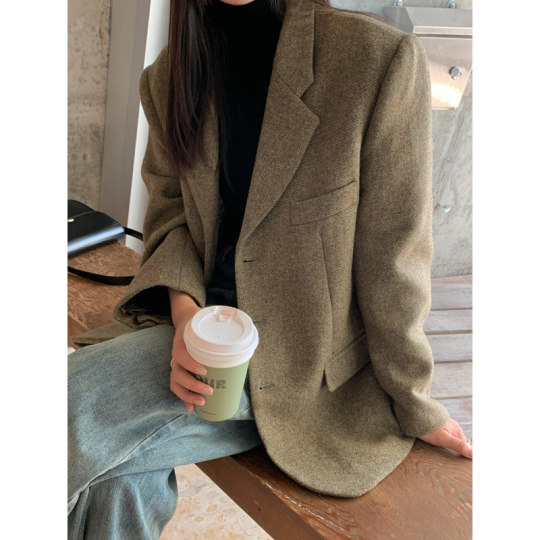 Halo Luu 韩系复古人字纹毛呢西装外套女秋冬新款加厚羊毛高级感