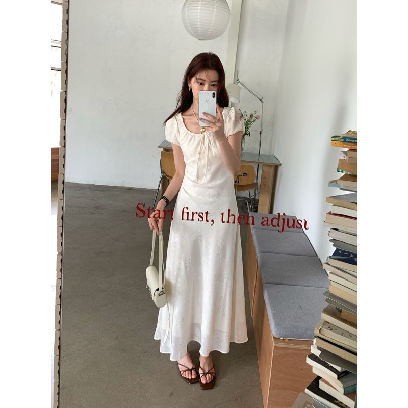 Halo Luu 法式白色连衣裙女夏季优雅提花气质茶歇裙温柔绑带长裙