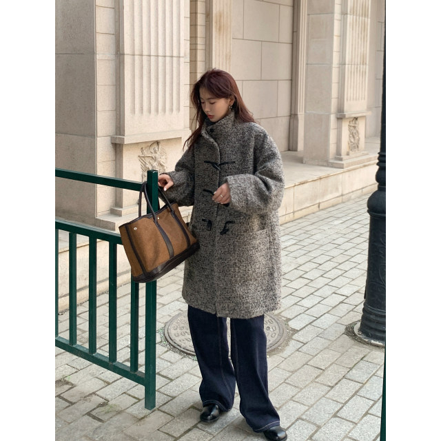 Halo Luu灰色牛角扣羊毛大衣女冬2025新款加厚中长款立领毛呢外套