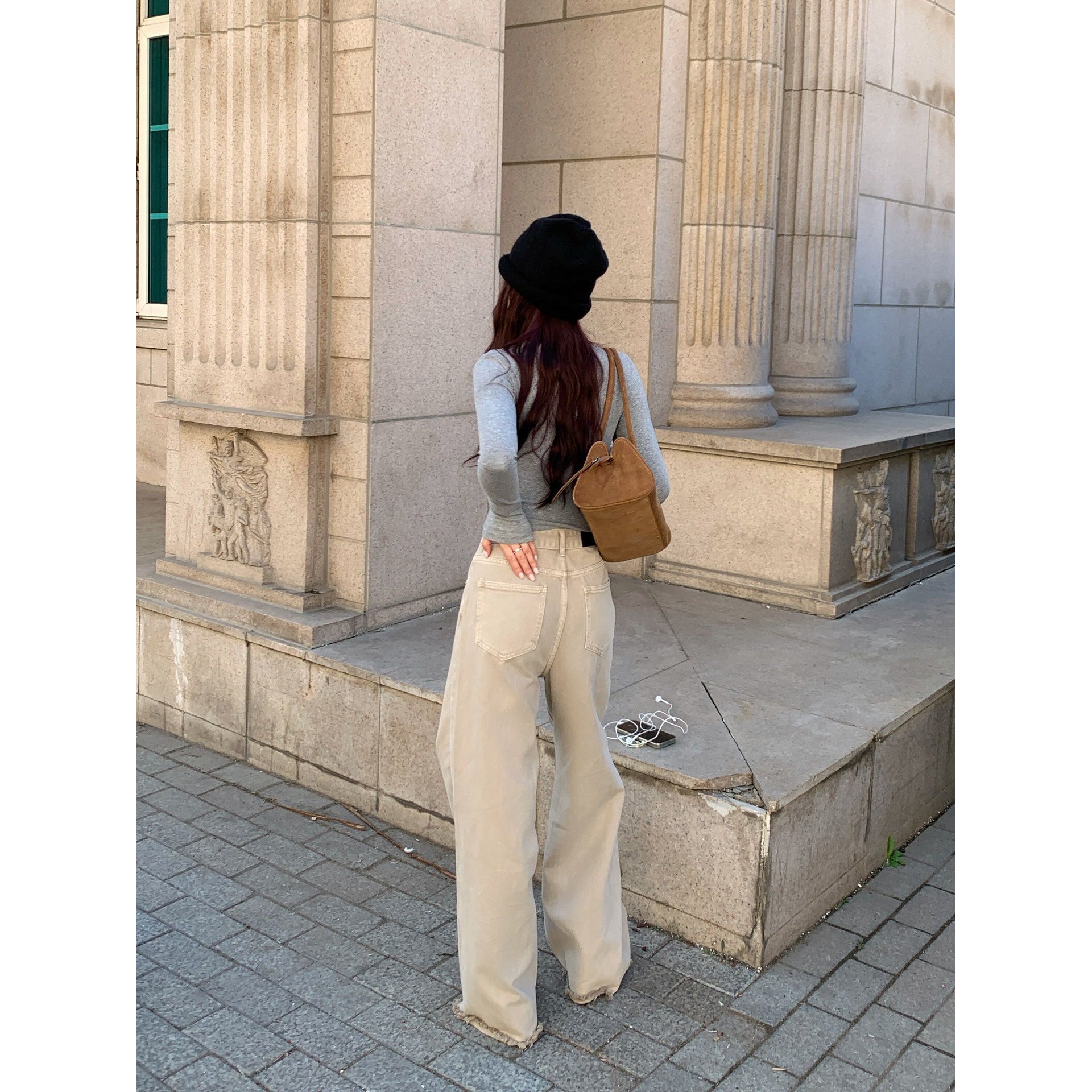 Halo Luu卡其色直筒牛仔裤女秋季做旧休闲毛边窄版显瘦拖地阔腿裤,淘宝优惠券,粉丝福利购,淘宝优惠卷