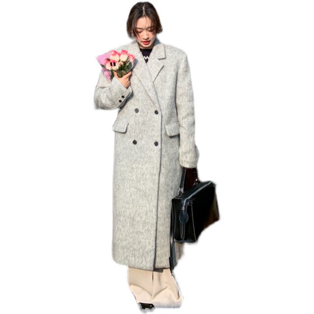 Halo Luu高级感羊毛灰色大衣女秋冬夹棉加厚呢子长款韩系毛呢外套