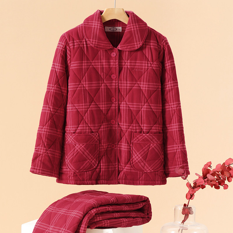 美标情侣三层加厚夹棉睡衣套装女秋冬红色结婚纯棉全棉格家居服男,淘宝优惠券,粉丝福利购,淘宝优惠卷