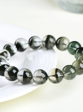 辅阁甄选久雅水晶 天然赞比亚绿幽灵圆珠手链 深绿幽灵聚宝盆散珠