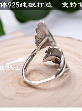 手工复古泰银树叶子戒指个性夸张时尚宽面女食指开口指环情人款