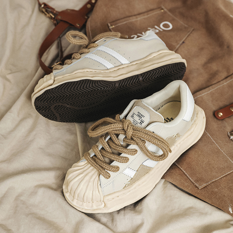 鞋子男秋季2025新款休闲运动鞋大头厚底贝壳头溶解鞋小众潮牌板鞋 - 图0