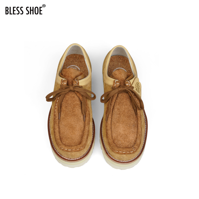 BLESS SHOE WALLABEE春夏低帮厚底袋鼠鞋 真皮长绒拼色休闲工装靴 - 图1