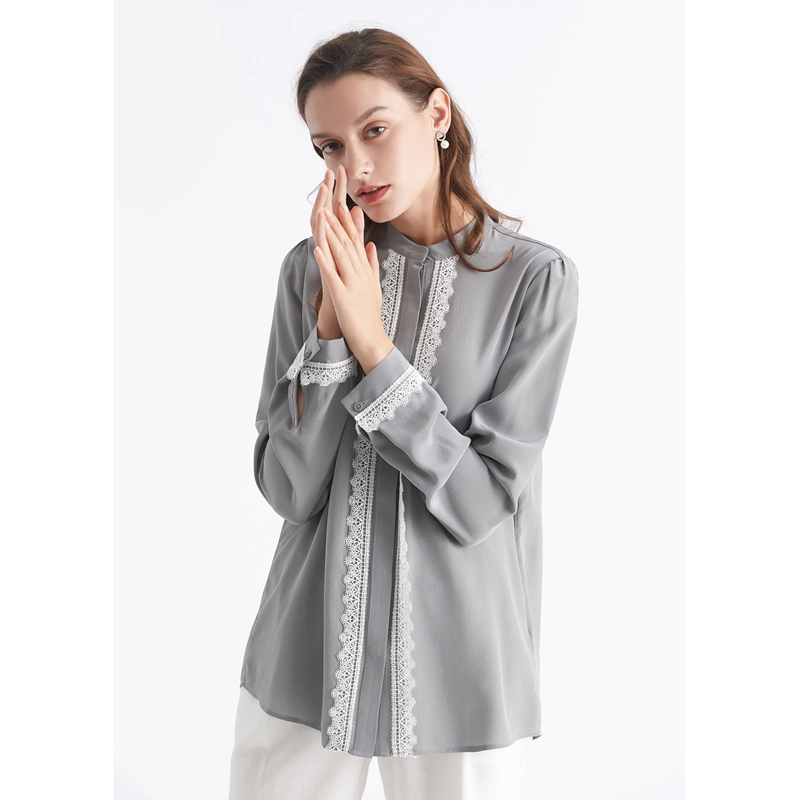 【现货XXL】Lilysilk莉莉秀客女士8943桑蚕丝蕾丝装饰长袖衬衫 - 图3