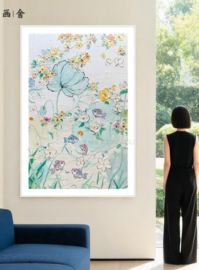荷花小鱼纯手绘油画玄关艺术挂画