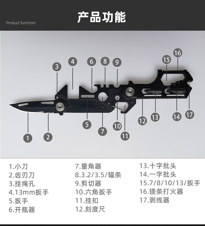 EDC组合工具多功能迷你折叠随身钥匙挂扣露营开瓶器扳手卡片刀具