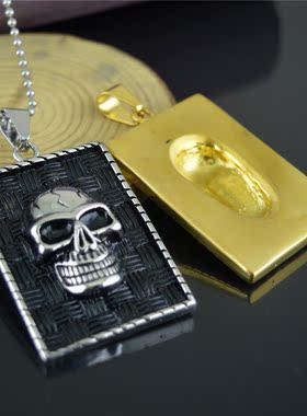 欧美复古方牌骷髅头钛钢吊坠项链