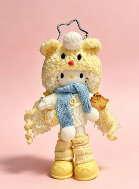 日本KUMO LAND毛绒kitty猫包包挂件黄色毛衣卷发大长腿kt猫挂饰