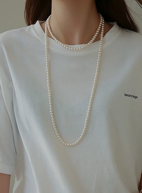 施家高光轻奢长款120cm珍珠项链小众高级感多层叠戴元宝扣毛衣链