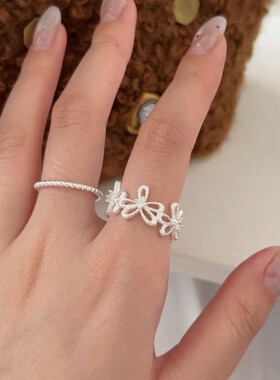 韩国韩版持恒S925纯银花朵戒指女轻奢时尚气质冷淡风圆珠指环百搭