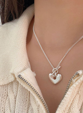 持恒S925纯银重工OT扣爱心项链女2024年新款小众百搭冷淡毛衣链