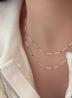 持恒S925纯银彩色滴油彩虹珠方条简约素链项链女韩国新款锁骨颈链