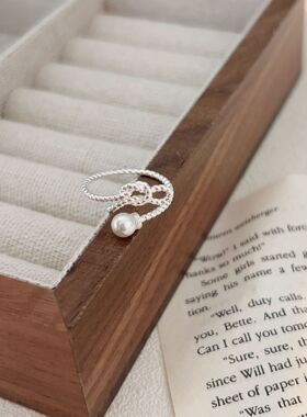 持恒S925纯银蝴蝶结珍珠戒指女时尚简约百搭麻花指环2026日韩新款