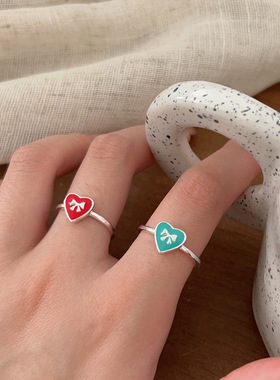 持恒925纯银滴釉心形蝴蝶结开口戒指女韩国新款ins潮个性百搭指环