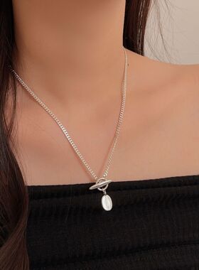 持恒S925纯银OT扣椭圆牌项链女韩国重工网红小众设计高级感毛衣链