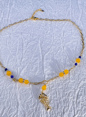 小鱼骨蜜蜡项链配青金石