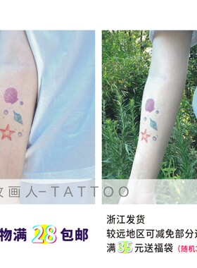 原创手绘水彩贝壳海星海螺纹身贴
