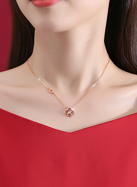 蒂奇亚原创小幸运四叶草项链990纯银复古森系玫瑰金红玛瑙吊坠女