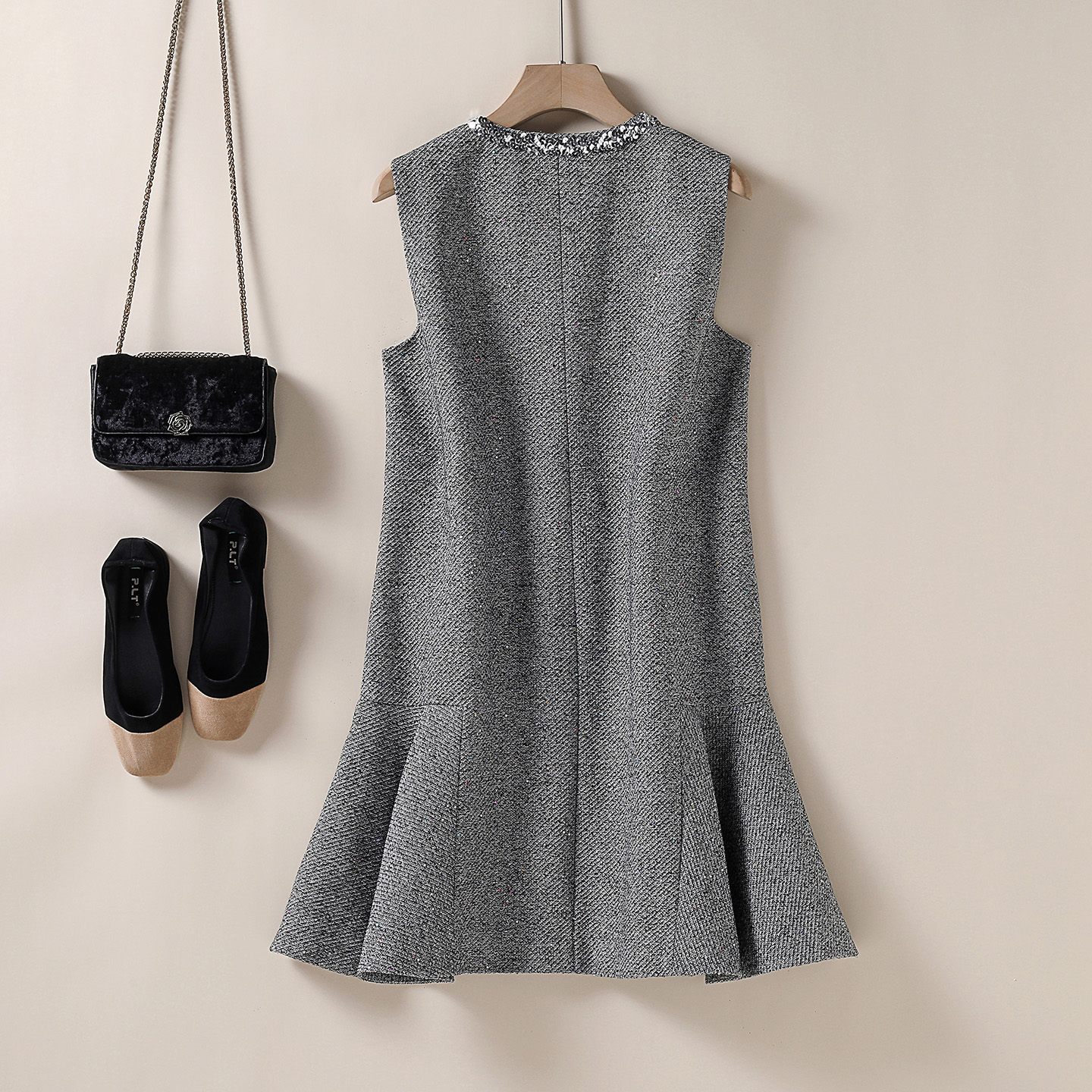 小香风毛呢背心裙亮片圆领荷叶摆A字显瘦连衣裙 2025秋冬新款女装 - 图0