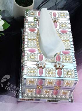 粉色珍珠镜面梅花纸巾盒高档奢华婚庆精美新居装饰摆设车用纸抽盒
