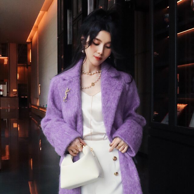 高级感双色羊毛轻奢名媛风薄雾紫系带温柔慵懒优雅长毛大衣外套女