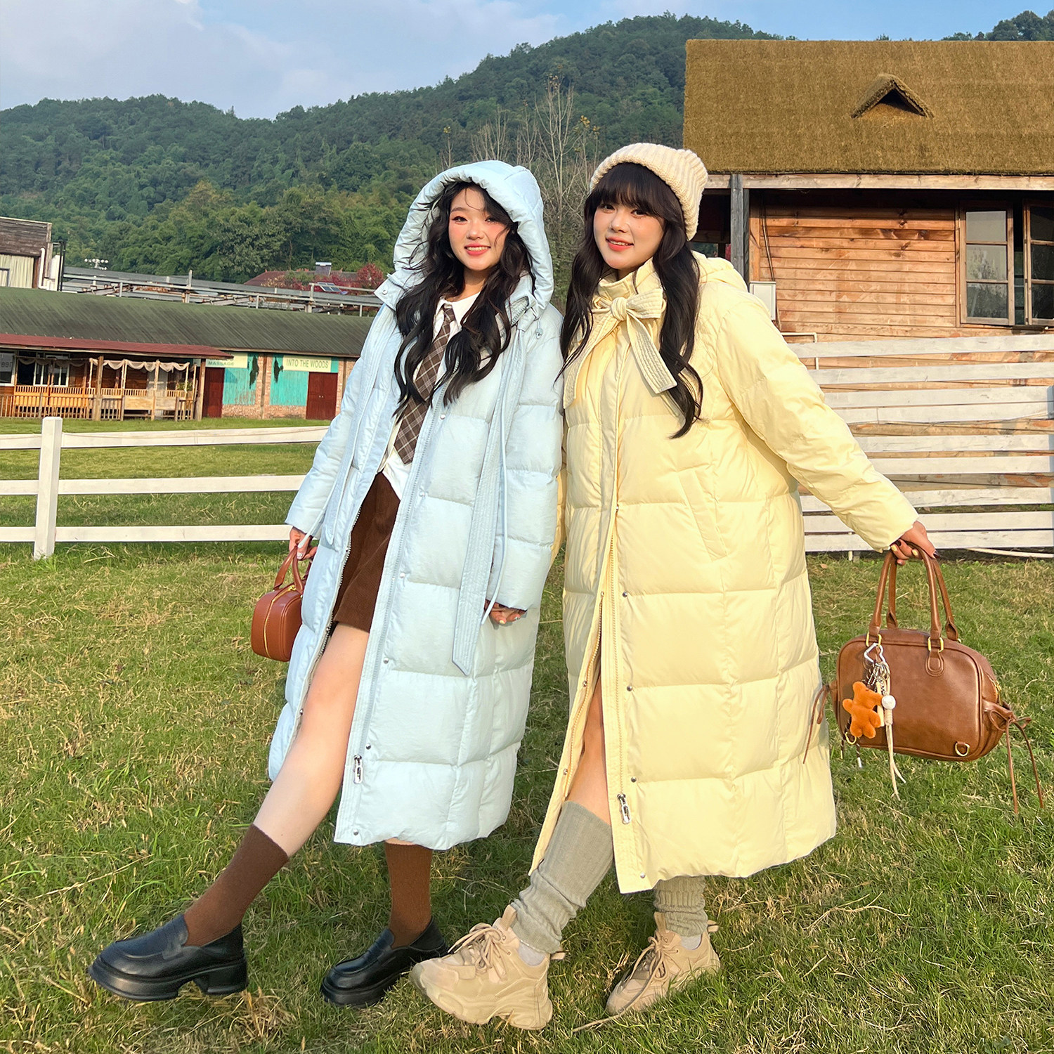 大码百分百微胖mm女装冬保暖双重帽绳羽绒服中长版超厚外套