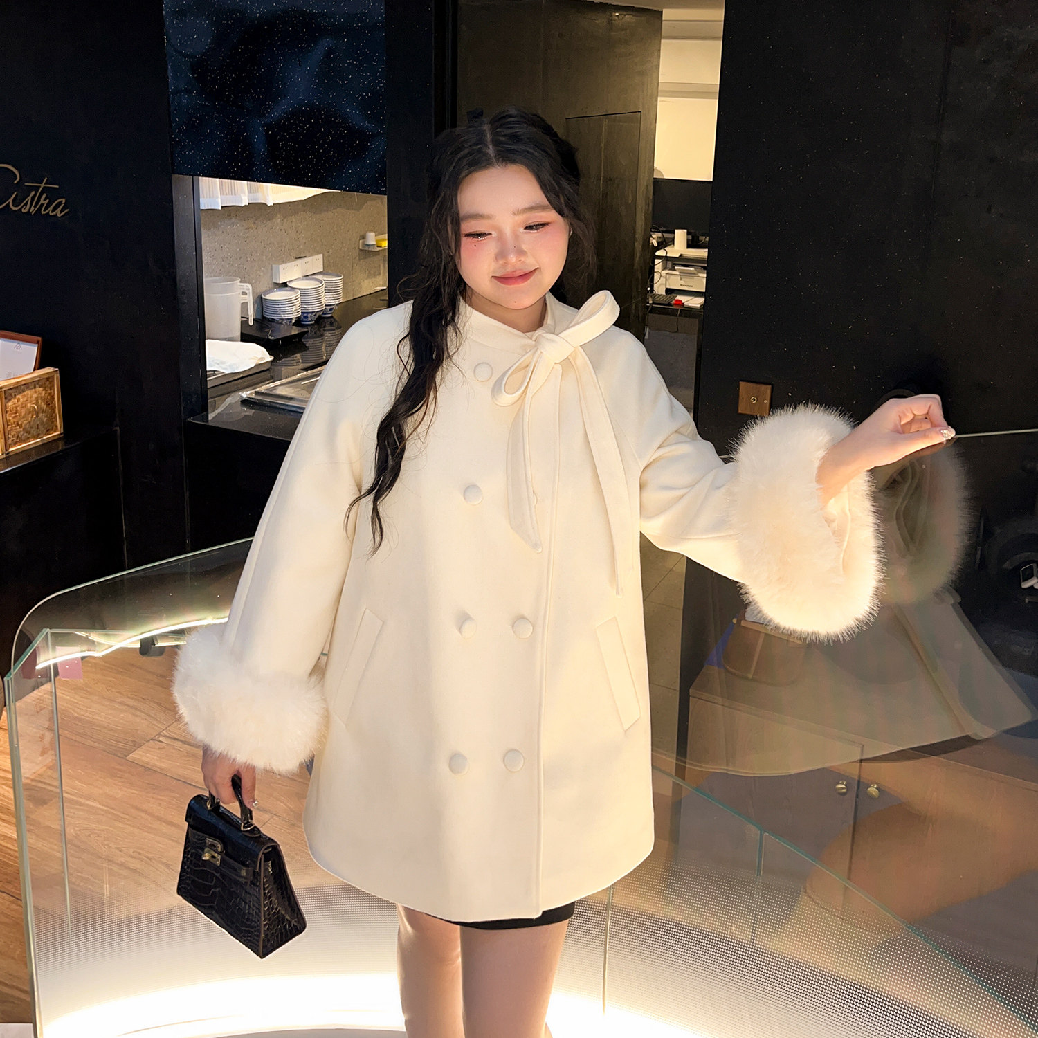 大码百分百微胖mm女装冬富家千金风毛呢大衣毛毛袖夹棉外套,淘宝优惠券,粉丝福利购,淘宝优惠卷