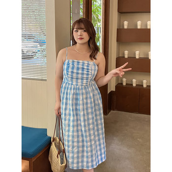 100% plus size/2024 new summer women's little fat mm slimming A-line retro plaid suspender dress for women