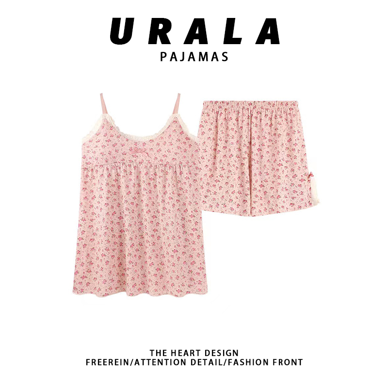 Urala pajamas甜美小碎花睡衣女夏季纯棉吊带套装少女休闲家居服-图0