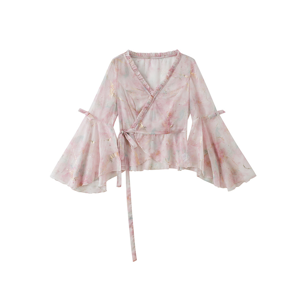 雅乔【出水芙蓉外披】夏季法式长袖修身喇叭水袖印花雪纺防晒开衫,淘宝优惠券,粉丝福利购,淘宝优惠卷