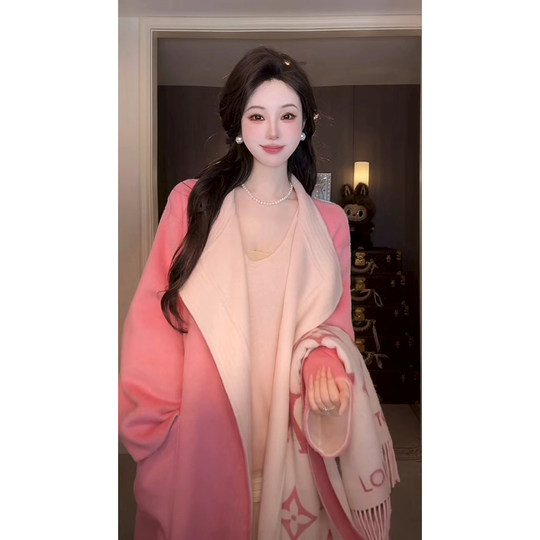 Sun Yaqiao Slim Beauty Autumn and Winter Pink and White V-Neck Long-Sleeved Knitted Dress Slim-fitting A-Line Long Skirt
