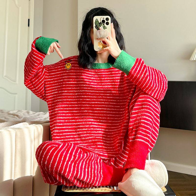 条纹笑脸睡衣女士冬季加厚软绵绵套装新款珊瑚绒保暖可外穿家居服,淘宝优惠券,粉丝福利购,淘宝优惠卷