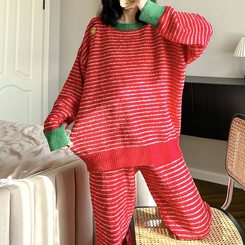 条纹笑脸睡衣女士冬季加厚软绵绵套装新款珊瑚绒保暖可外穿家居服,淘宝优惠券,粉丝福利购,淘宝优惠卷