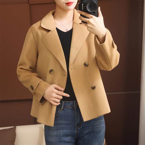 高档春秋款纯呢外套短款小个子双面大衣女士宽松短款外套时尚休闲 - 图1