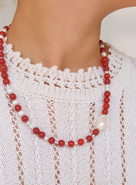 《Life Stone生命石》红玛瑙天然淡水珍珠系列毛衣链