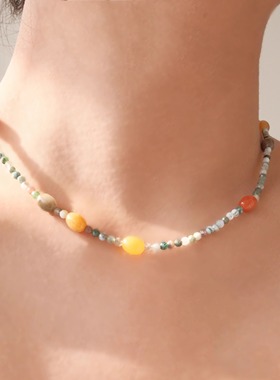 《爪哇秘境》雨林系印度玛瑙彩色金丝玉拼色锁骨链.彩灰款