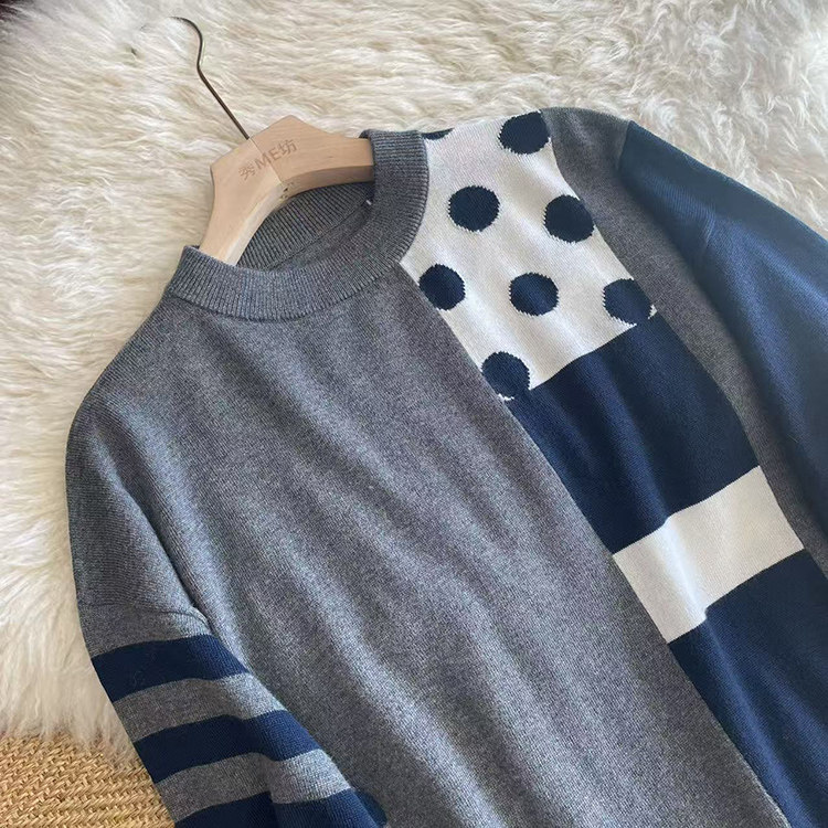 精纺100细羊毛圆领针织打底衫女不规则下摆波点撞色红标毛衣秋冬,淘宝优惠券,粉丝福利购,淘宝优惠卷
