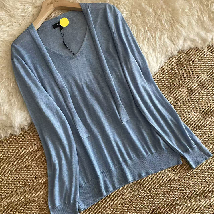 ~真丝羊毛春秋桑蚕丝v领低领毛衣女蝴蝶结针织上衣打底薄款针织衫 - 图2