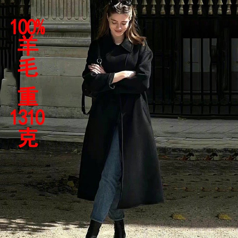 黑色新款双面羊绒大衣女2023春季中长款宽松高端娃娃领羊毛呢外套 - 图2