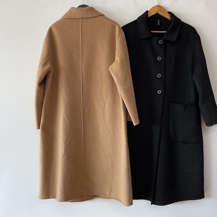 黑色新款双面羊绒大衣女2023春季中长款宽松高端娃娃领羊毛呢外套 - 图1
