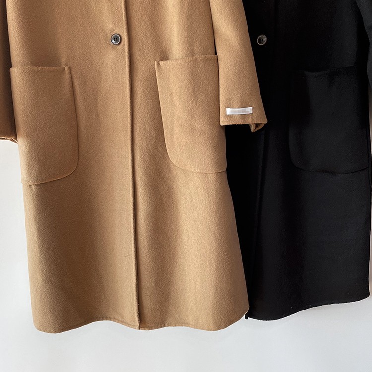 黑色新款双面羊绒大衣女2023春季中长款宽松高端娃娃领羊毛呢外套 - 图0