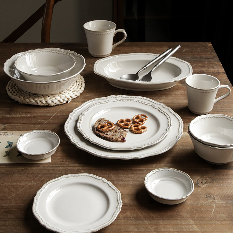 法式复古风浮雕陶瓷餐盘欧式餐具西餐盘牛排圆盘汤盘家用碗盘套装 - 图2