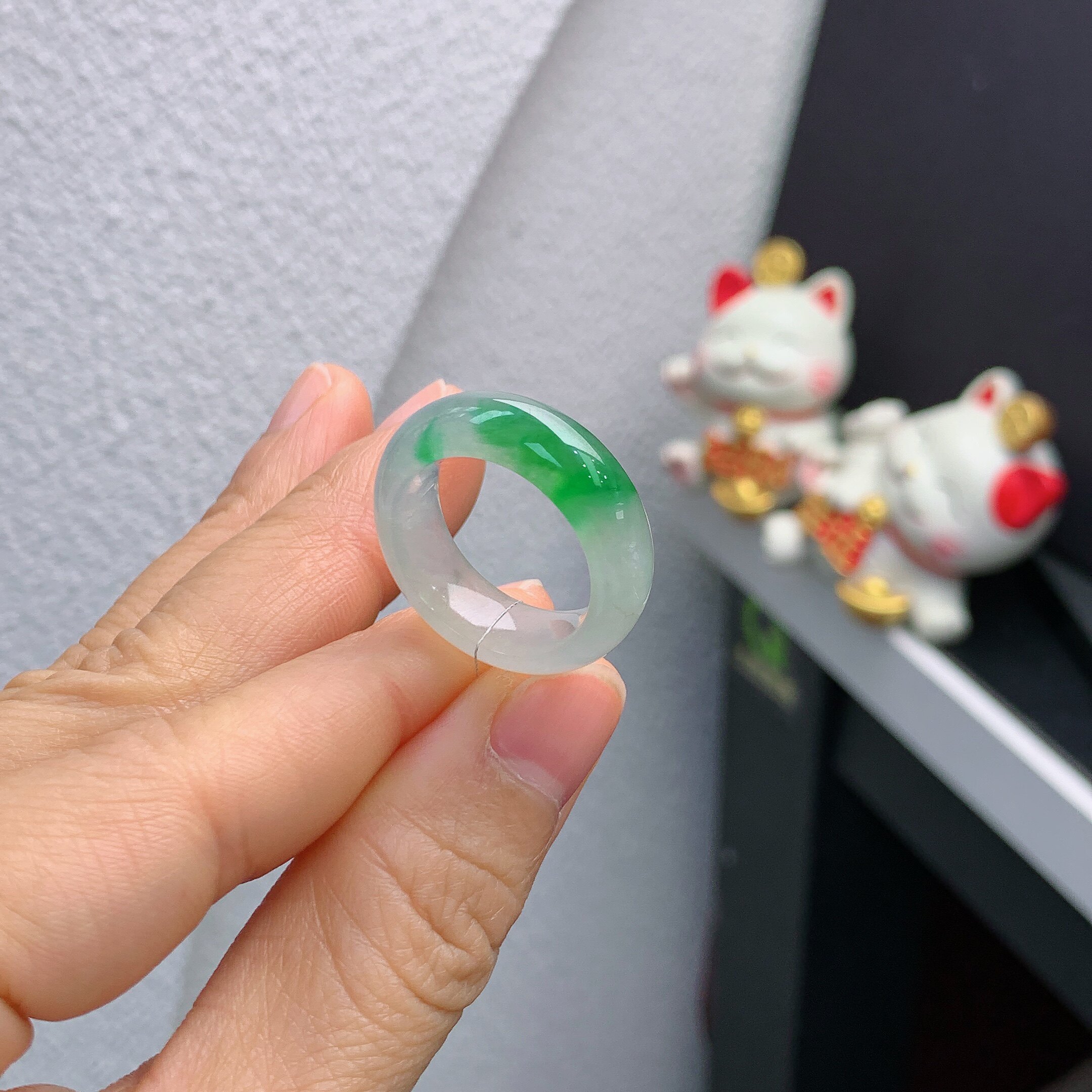 14-15 circle Burmese natural jade A goods ice floating sun green ring 183#