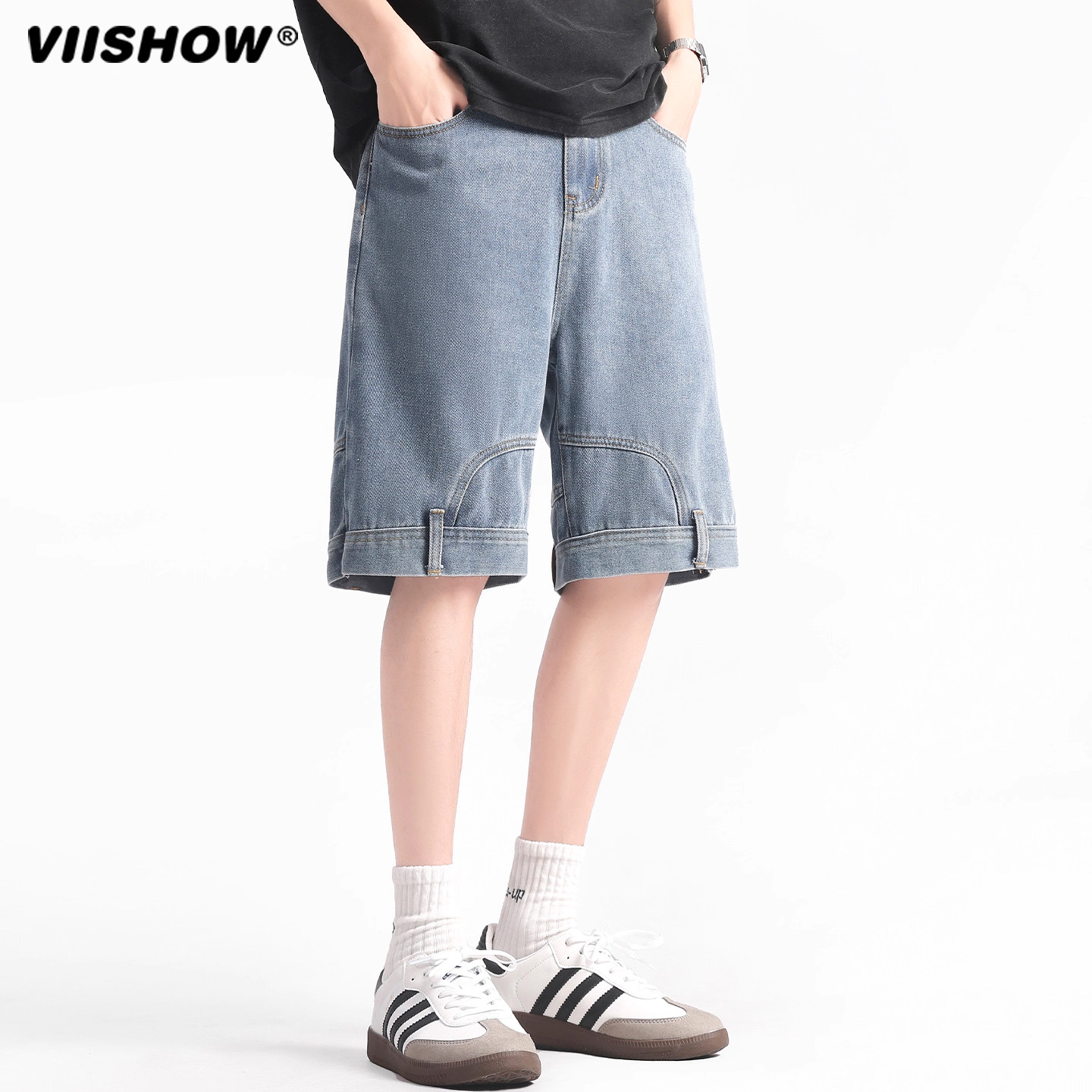 VIISHOW2025夏季新款美式水洗复古牛仔短裤男宽松直筒休闲中裤潮,淘宝优惠券,粉丝福利购,淘宝优惠卷