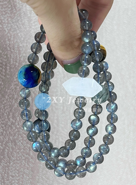 2XY天然灰月光石海蓝宝手串三层多圈水晶手链小众精致高颜值虎眼