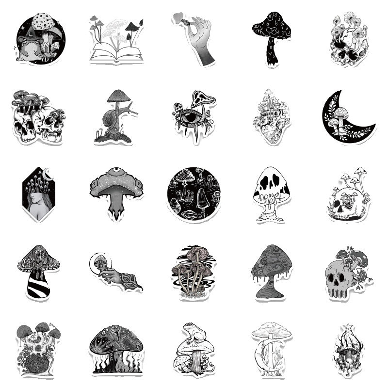 50张黑白哥特式风格蘑菇鸦贴纸装饰行李箱笔记本防水贴手机贴纸 - 图3