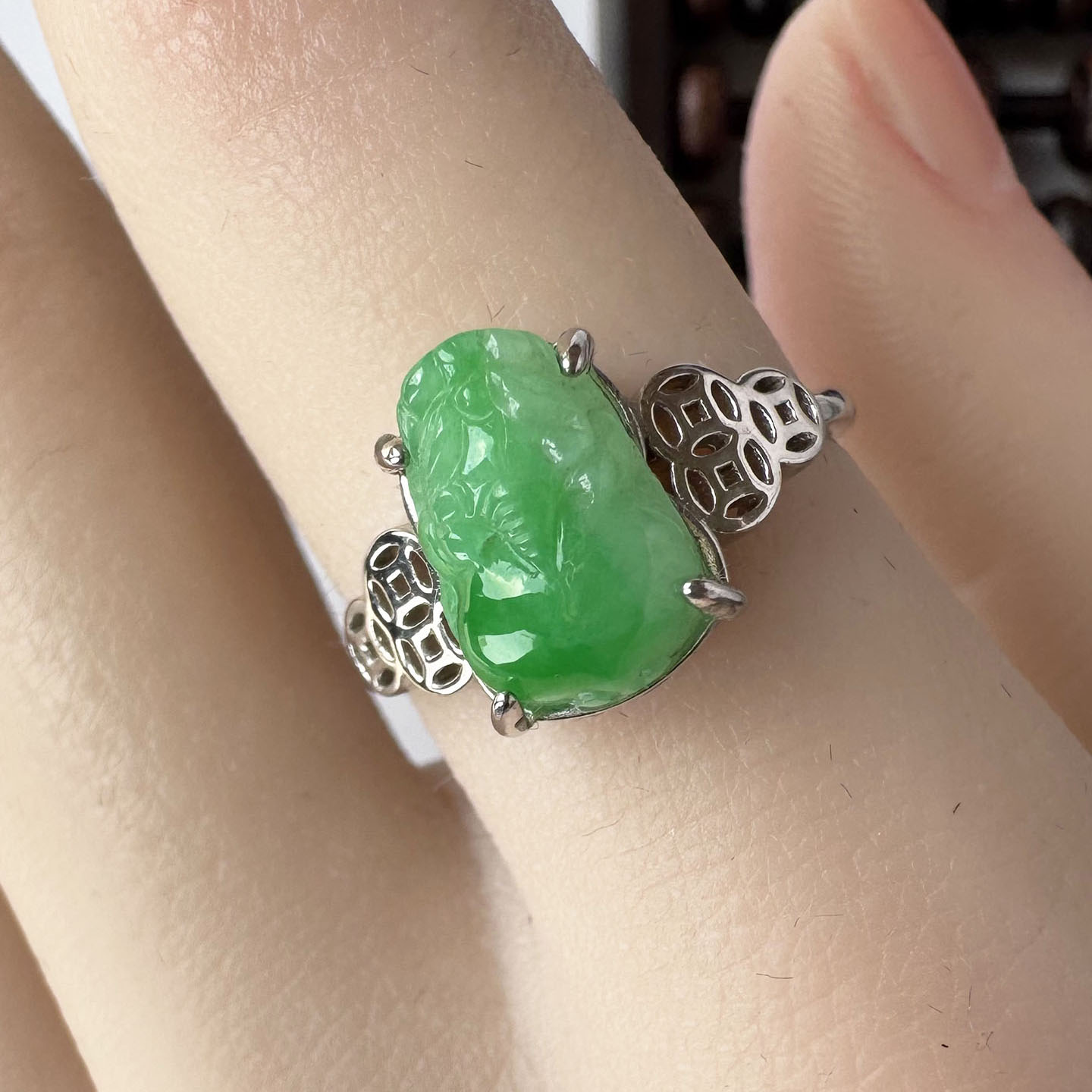Jade Forest Spicy Burmese Sun Green Jadeite Pixiu Ring
